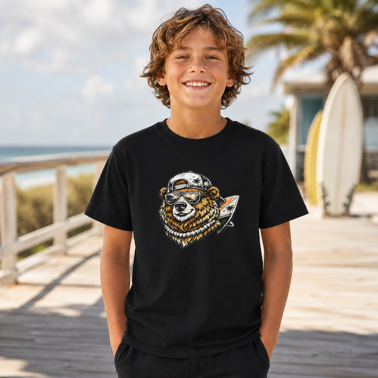 Surfing Bear Youth T-Shirt — Cute Surfing Bear Graphic Tee for Kids