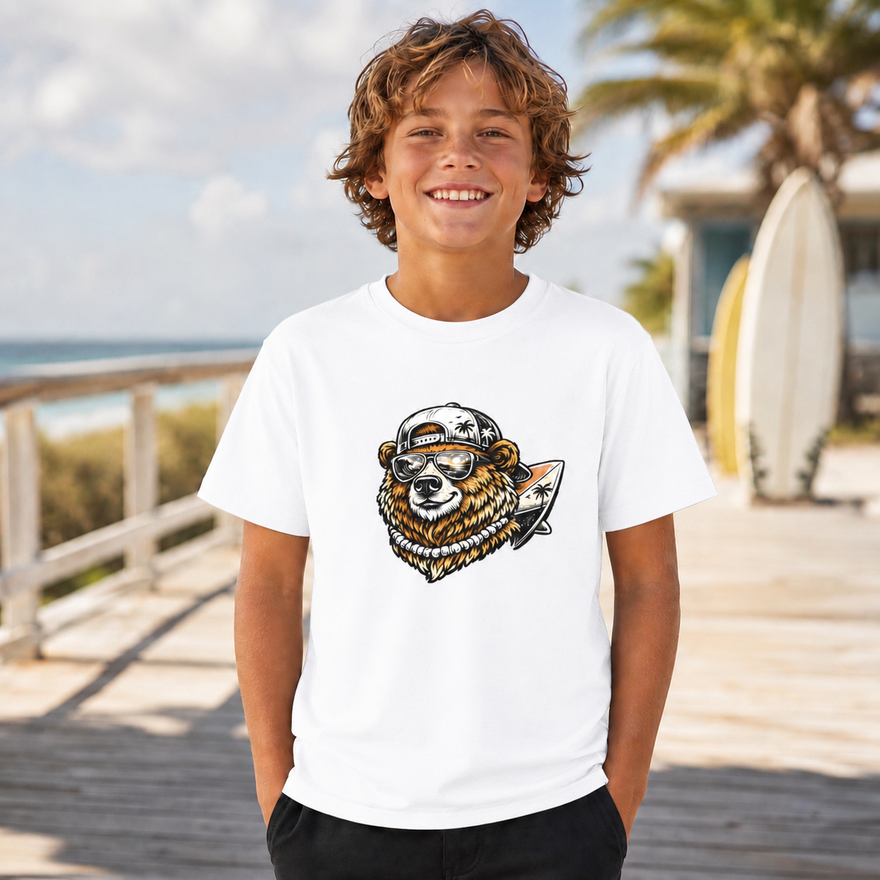 Surfing Bear Youth T-Shirt — Cute Surfing Bear Graphic Tee for Kids