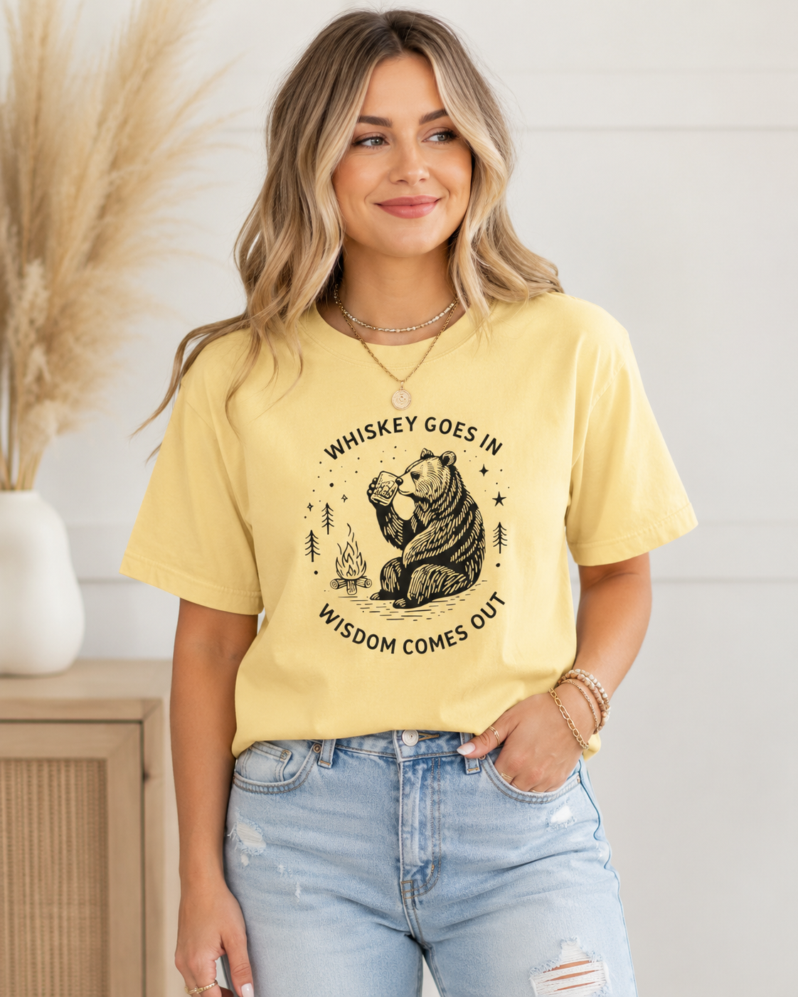 Whiskey Goes In Wisdom Comes Out Bear Illustration T-Shirt | Drinking Humor