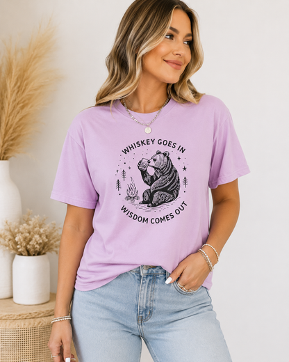 Whiskey Goes In Wisdom Comes Out Bear Illustration T-Shirt | Drinking Humor