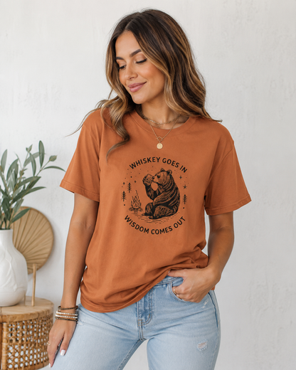 Whiskey Goes In Wisdom Comes Out Bear Illustration T-Shirt | Drinking Humor