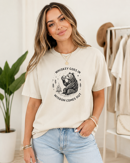 Whiskey Goes In Wisdom Comes Out Bear Illustration T-Shirt | Drinking Humor