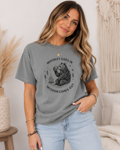 Whiskey Goes In Wisdom Comes Out Bear Illustration T-Shirt | Drinking Humor