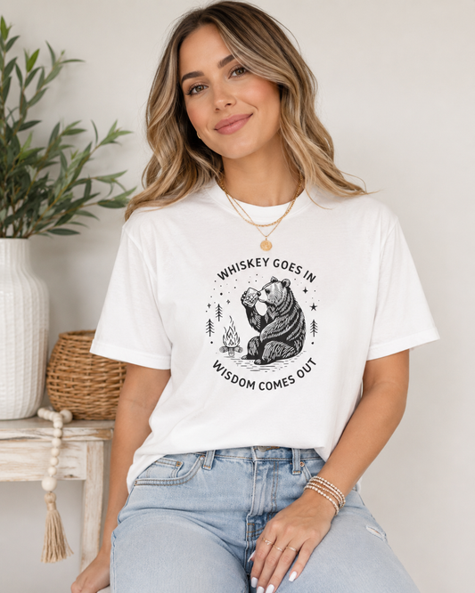 Whiskey Goes In Wisdom Comes Out Bear Illustration T-Shirt | Drinking Humor
