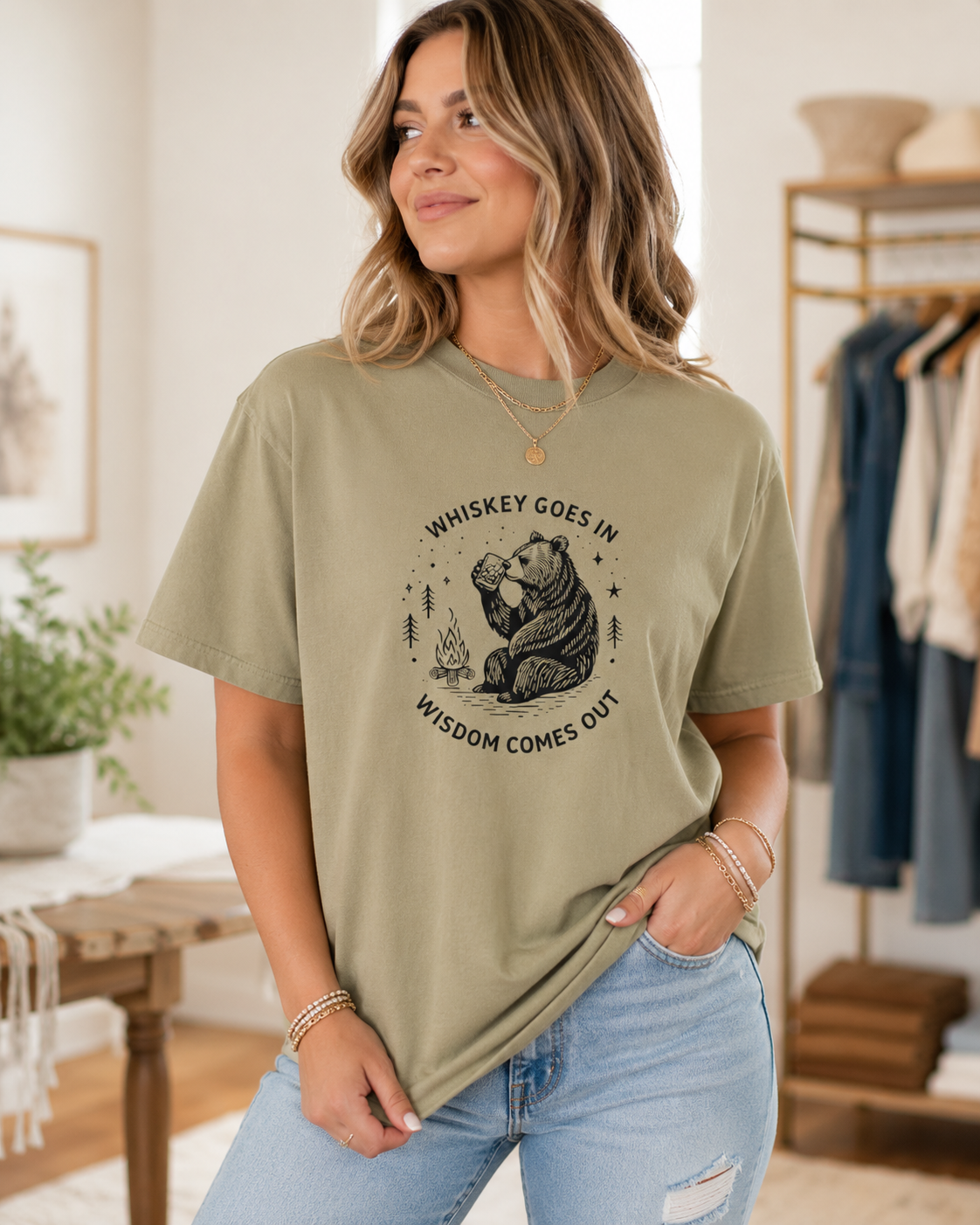 Whiskey Goes In Wisdom Comes Out Bear Illustration T-Shirt | Drinking Humor