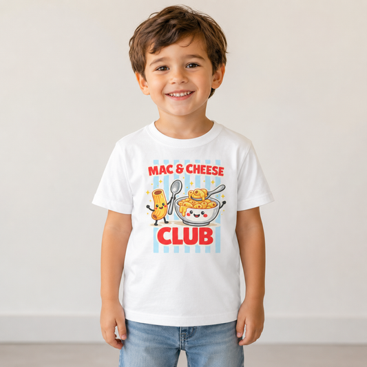 Mac & Cheese Club Toddler Tee — Cute Kids Food Graphic Shirt