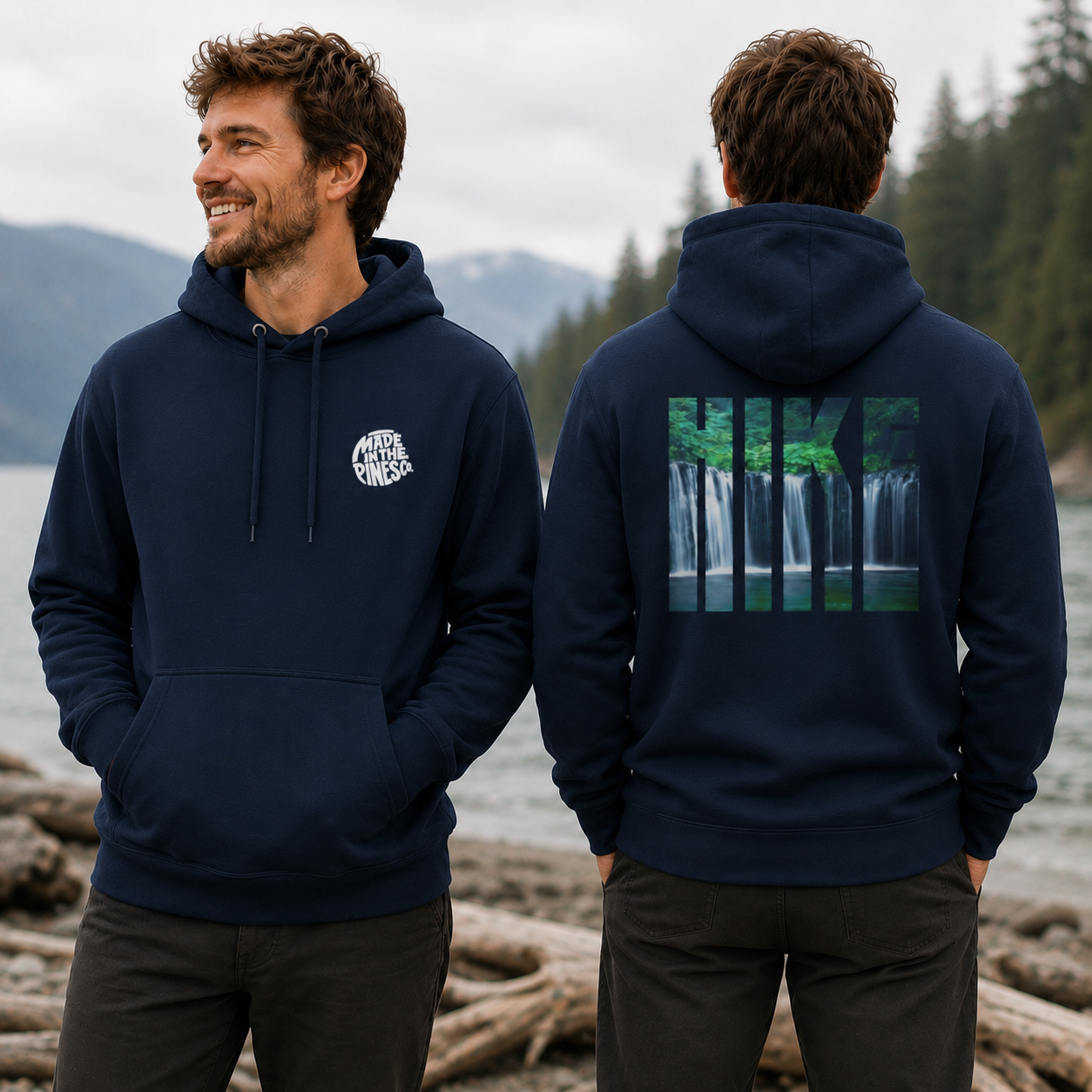Waterfall Hike Hoodie — Nature Lover Forest Graphic