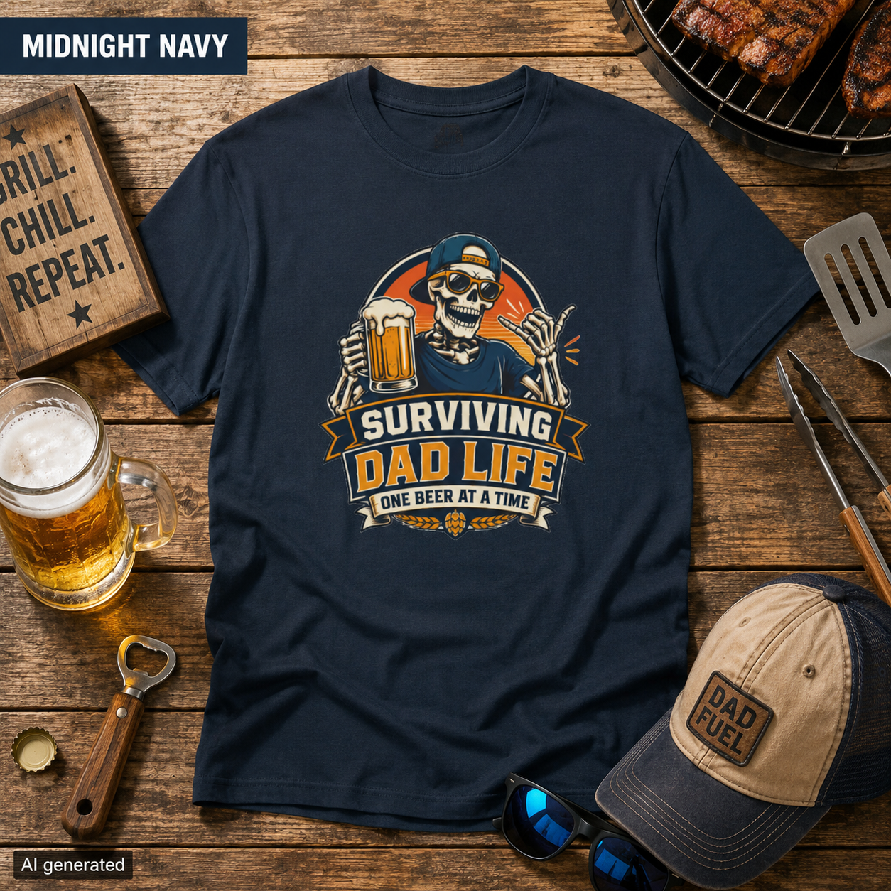 Surviving Dad Life Beer Skeleton Tee | Dad Camping BBQ Father's Day