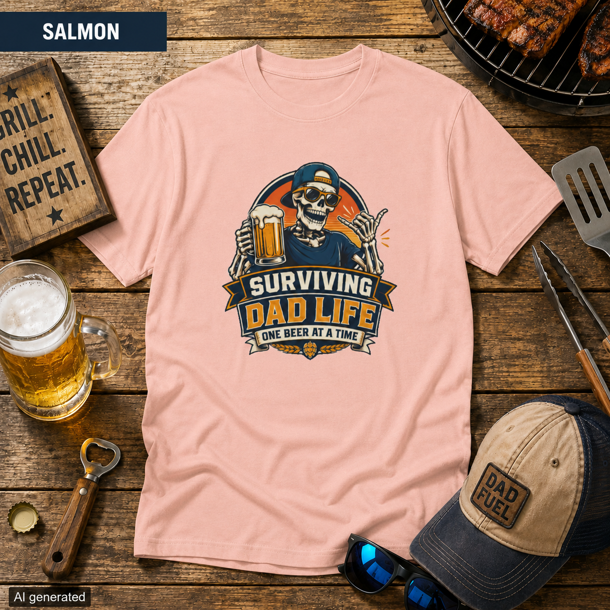 Surviving Dad Life Beer Skeleton Tee | Dad Camping BBQ Father's Day