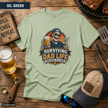 Surviving Dad Life Beer Skeleton Tee | Dad Camping BBQ Father's Day