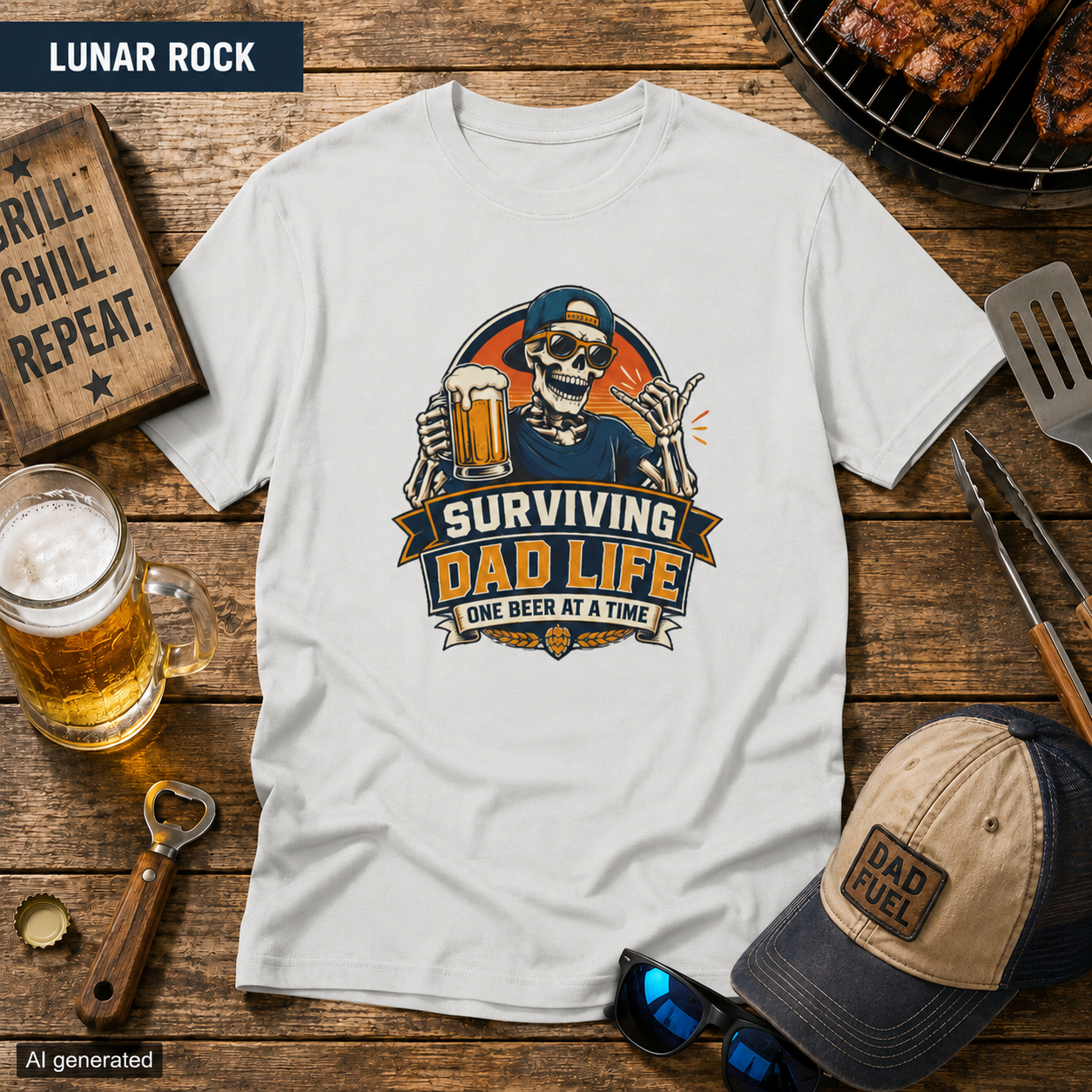 Surviving Dad Life Beer Skeleton Tee | Dad Camping BBQ Father's Day