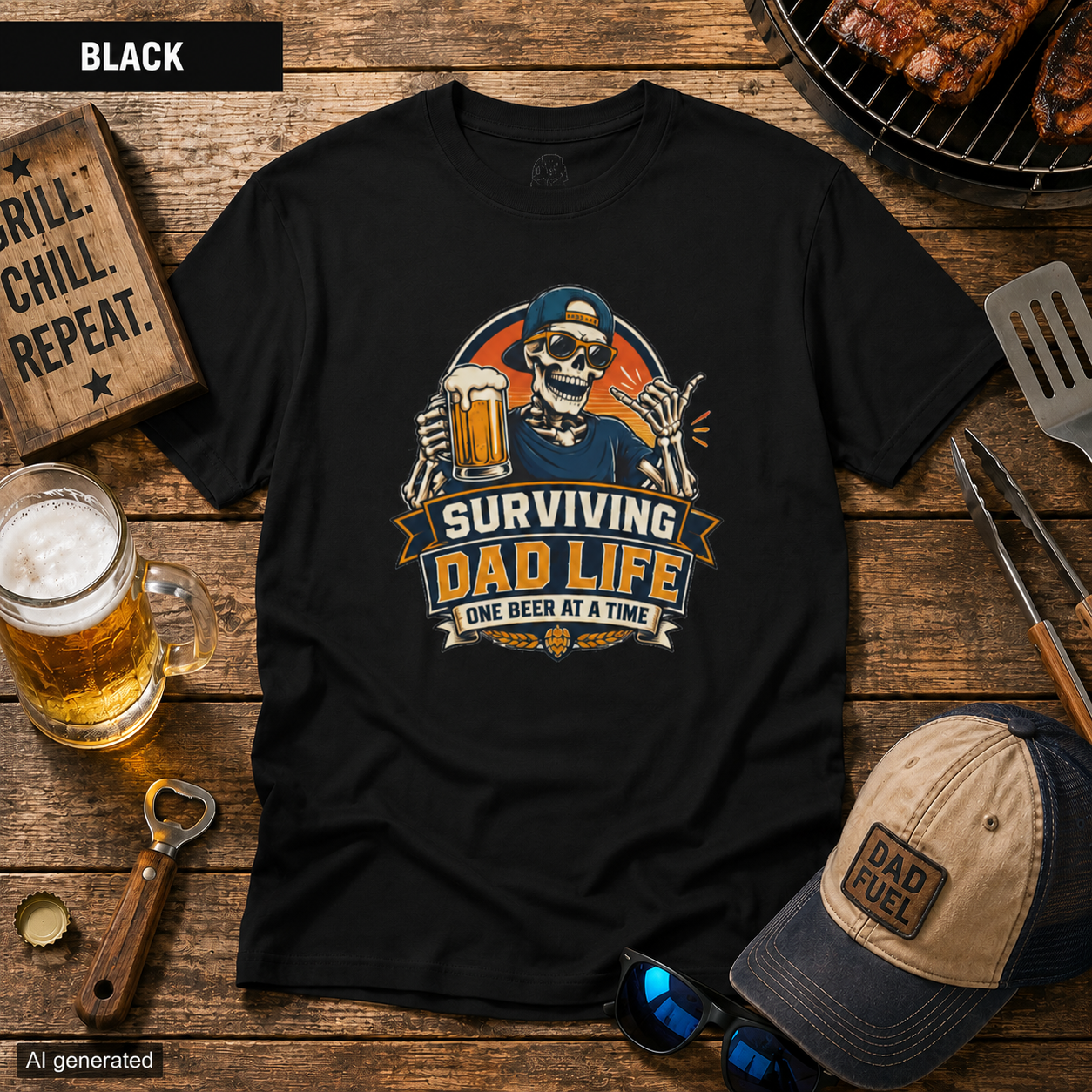 Surviving Dad Life Beer Skeleton Tee | Dad Camping BBQ Father's Day