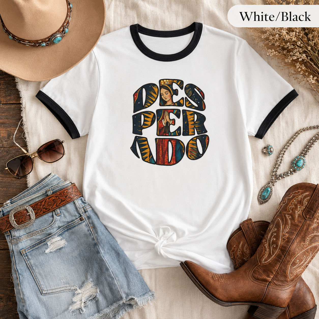 Desperado Cowgirl Ringer Tee — Faith-Inspired Western Boho Graphic