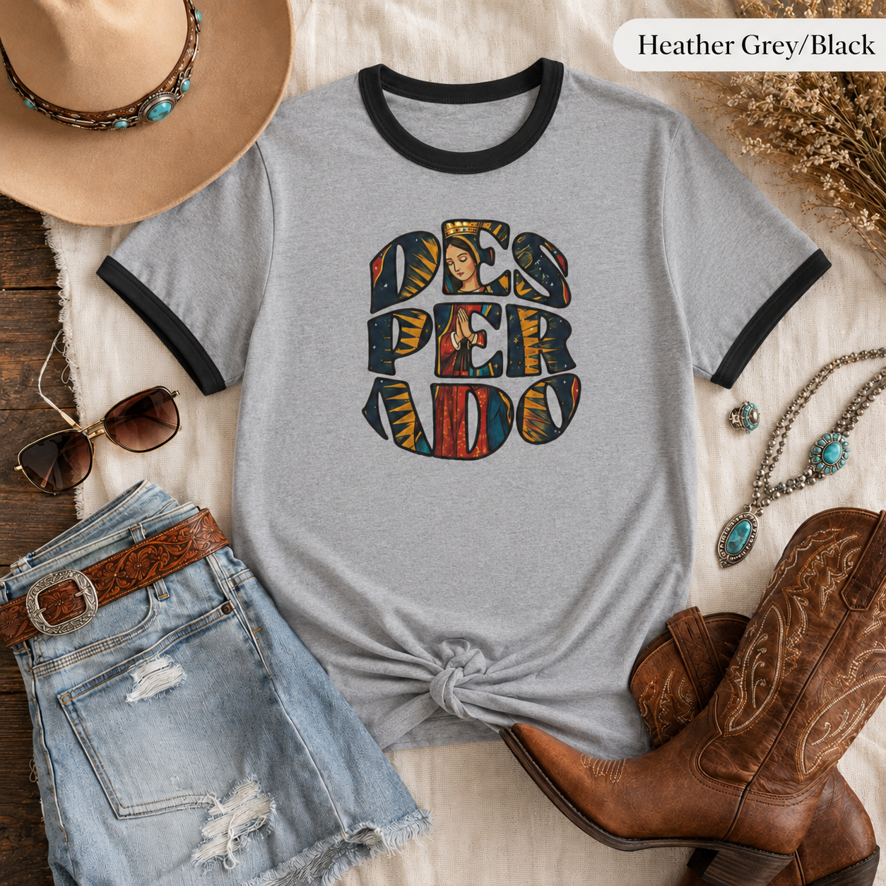 Desperado Cowgirl Ringer Tee — Faith-Inspired Western Boho Graphic