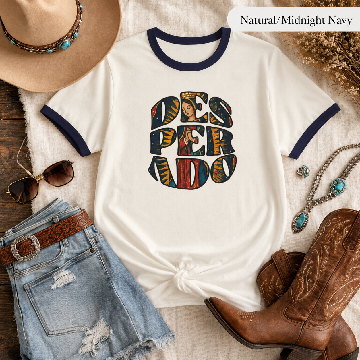 Desperado Cowgirl Ringer Tee — Faith-Inspired Western Boho Graphic
