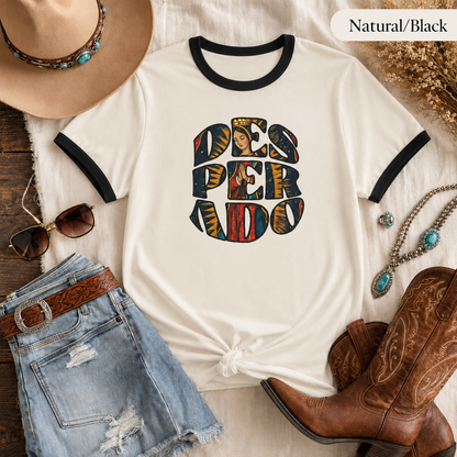 Desperado Cowgirl Ringer Tee — Faith-Inspired Western Boho Graphic