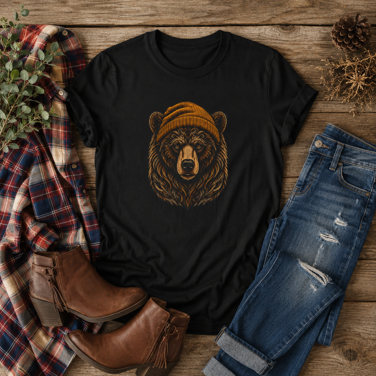 Outdoorsy Bear Camping Cabin Hiking Tee