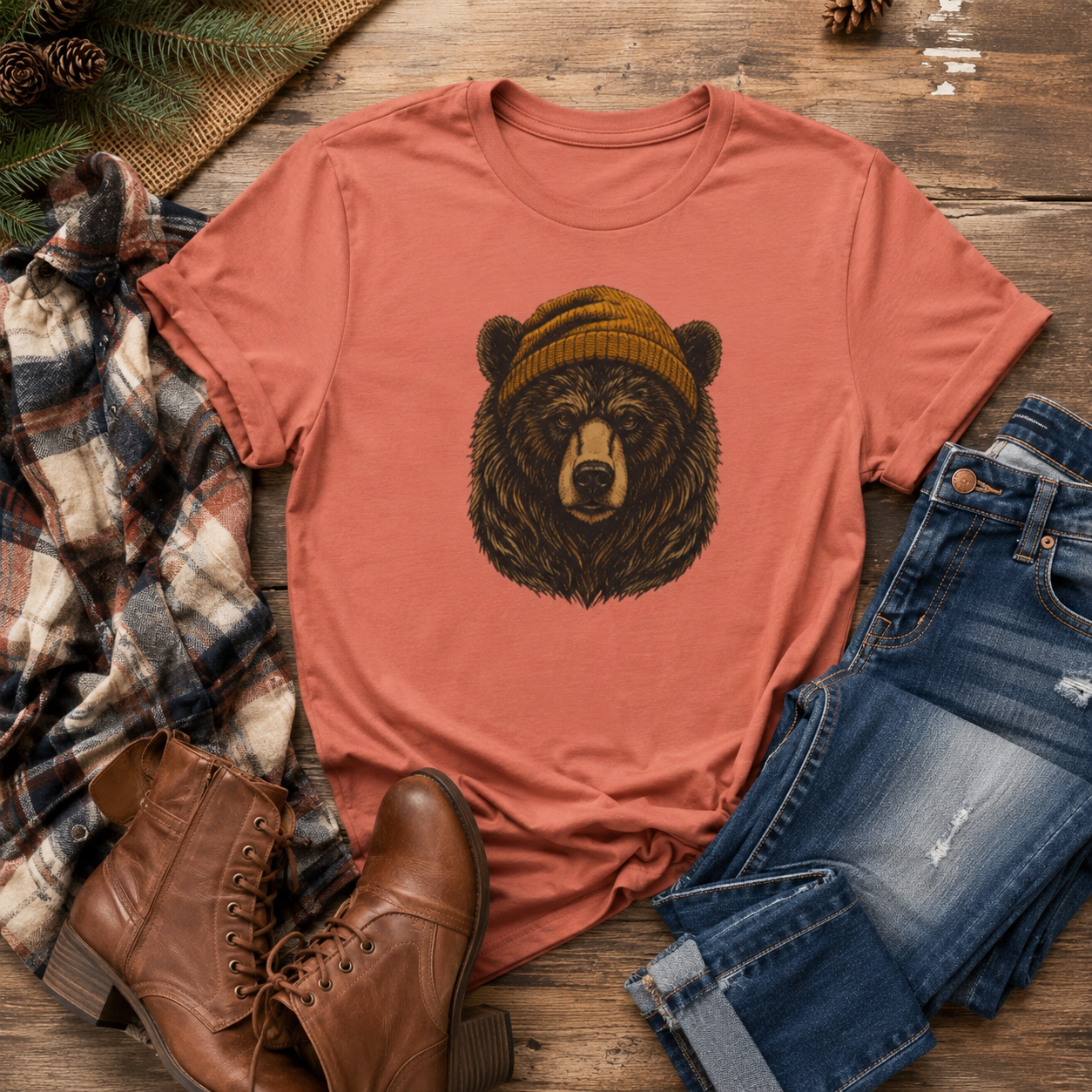 Outdoorsy Bear Camping Cabin Hiking Tee