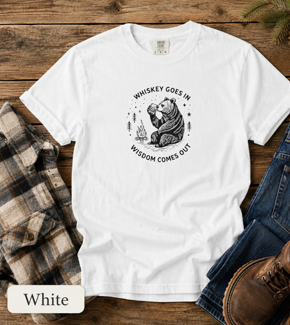 Whiskey Goes In, Wisdom Comes Out Bear T-Shirt — Funny Drinking Humor Tee