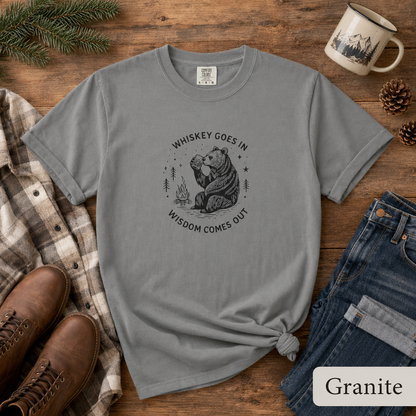 Whiskey Goes In, Wisdom Comes Out Bear T-Shirt — Funny Drinking Humor Tee