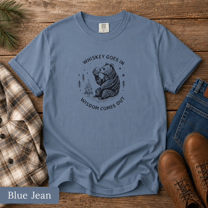 Whiskey Goes In, Wisdom Comes Out Bear T-Shirt — Funny Drinking Humor Tee