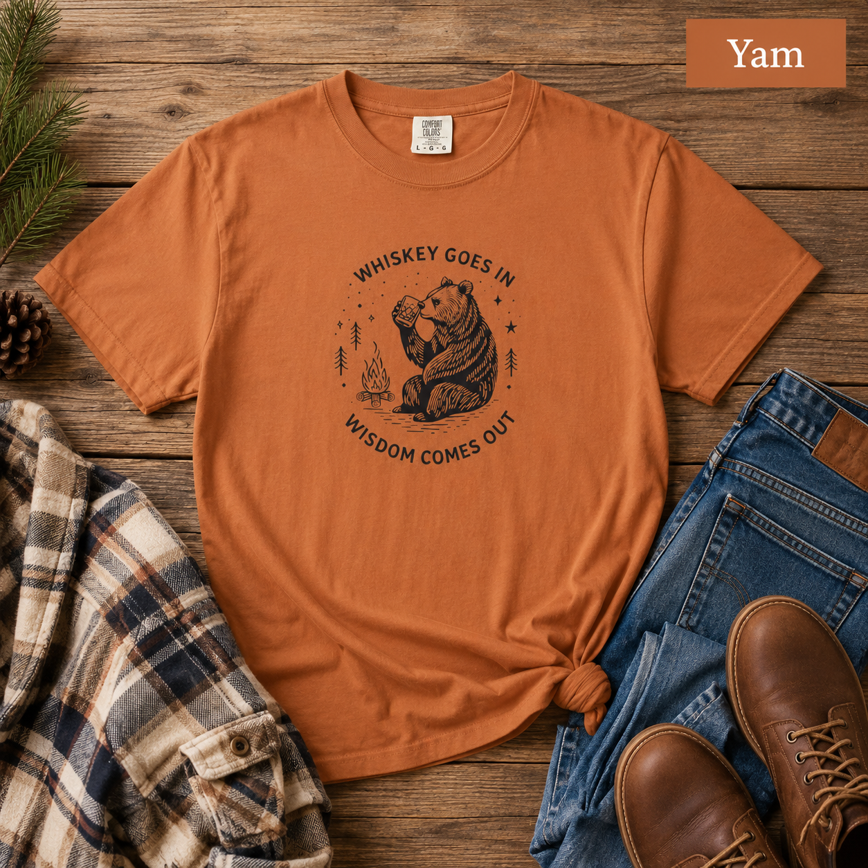 Whiskey Goes In, Wisdom Comes Out Bear T-Shirt — Funny Drinking Humor Tee