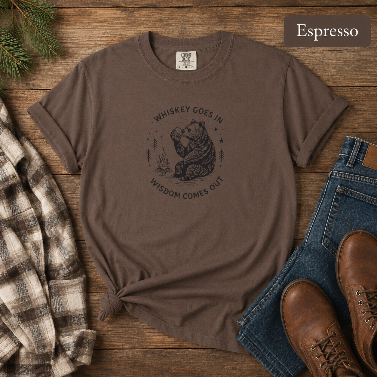 Whiskey Goes In, Wisdom Comes Out Bear T-Shirt — Funny Drinking Humor Tee