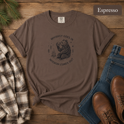 Whiskey Goes In, Wisdom Comes Out Bear T-Shirt — Funny Drinking Humor Tee