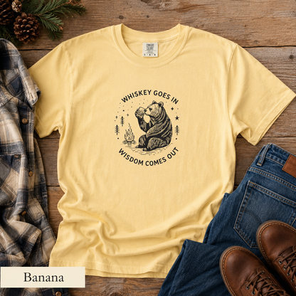Whiskey Goes In, Wisdom Comes Out Bear T-Shirt — Funny Drinking Humor Tee
