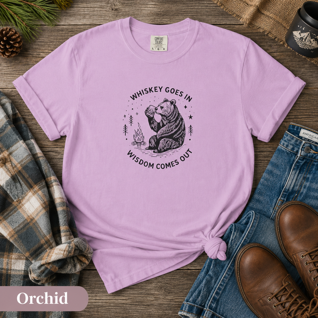 Whiskey Goes In, Wisdom Comes Out Bear T-Shirt — Funny Drinking Humor Tee