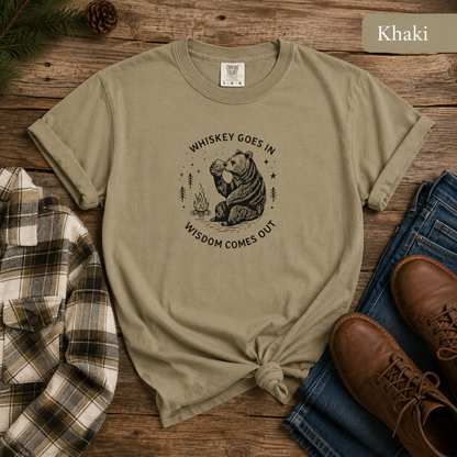 Whiskey Goes In, Wisdom Comes Out Bear T-Shirt — Funny Drinking Humor Tee