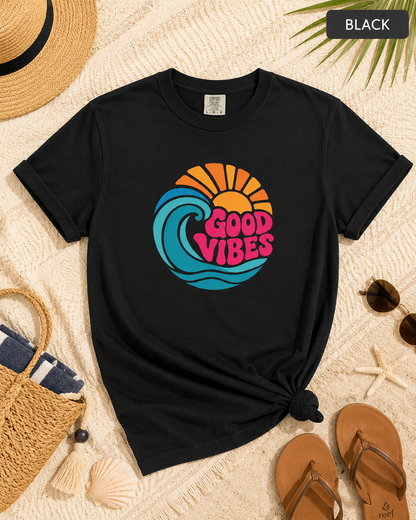 Good Vibes Ocean Retro Beach Graphic T-shirt — Summer Wave Coastal Vacation Tee