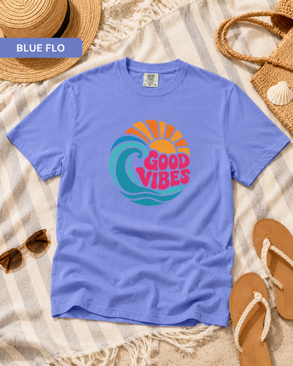 Good Vibes Ocean Retro Beach Graphic T-shirt — Summer Wave Coastal Vacation Tee
