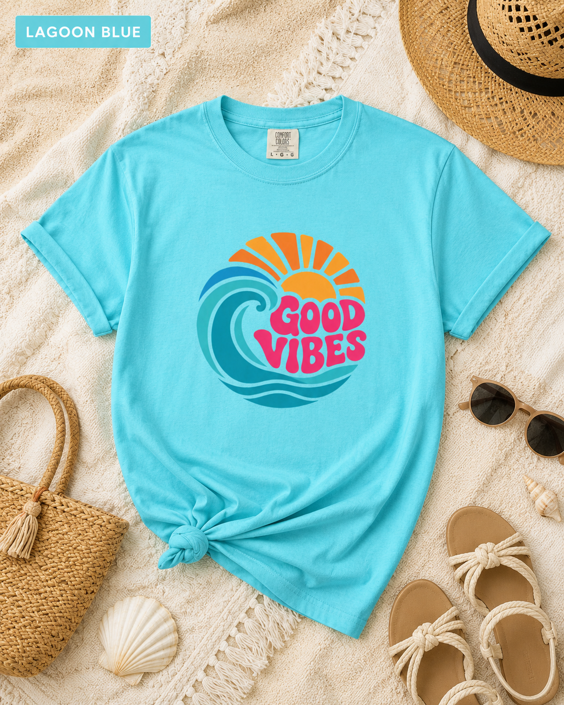 Good Vibes Ocean Retro Beach Graphic T-shirt — Summer Wave Coastal Vacation Tee