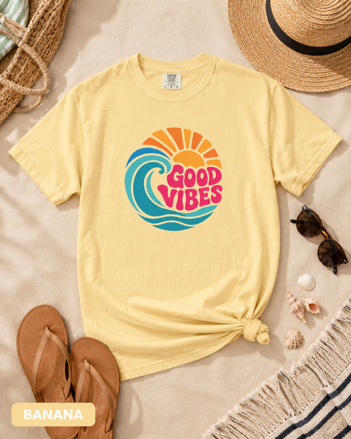 Good Vibes Ocean Retro Beach Graphic T-shirt — Summer Wave Coastal Vacation Tee