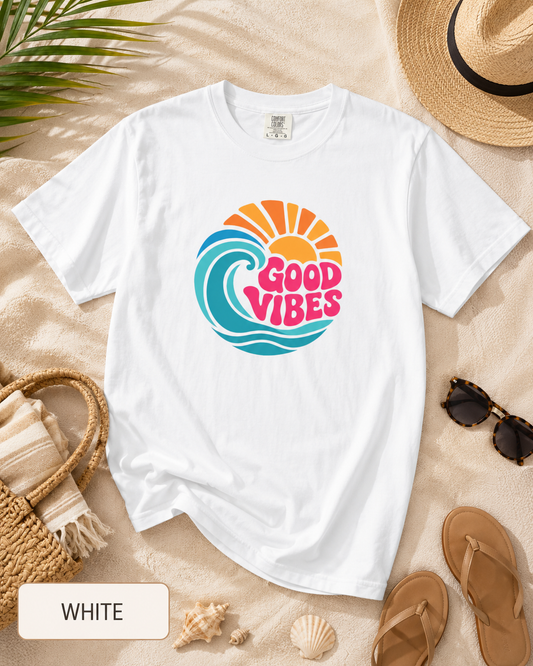Good Vibes Ocean Retro Beach Graphic T-shirt — Summer Wave Coastal Vacation Tee