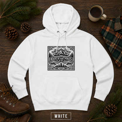 PNW Mountain Badge Hoodie — Three-Panel Fleece, Center Chest