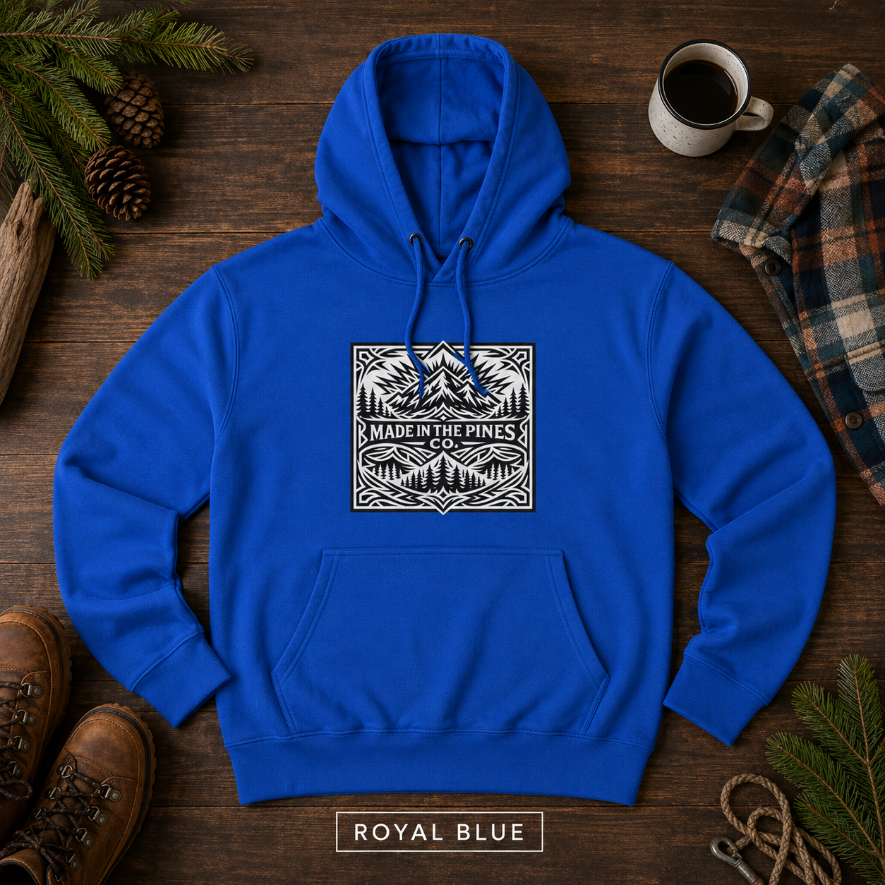 PNW Mountain Badge Hoodie — Three-Panel Fleece, Center Chest