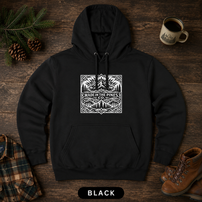 PNW Mountain Badge Hoodie — Three-Panel Fleece, Center Chest