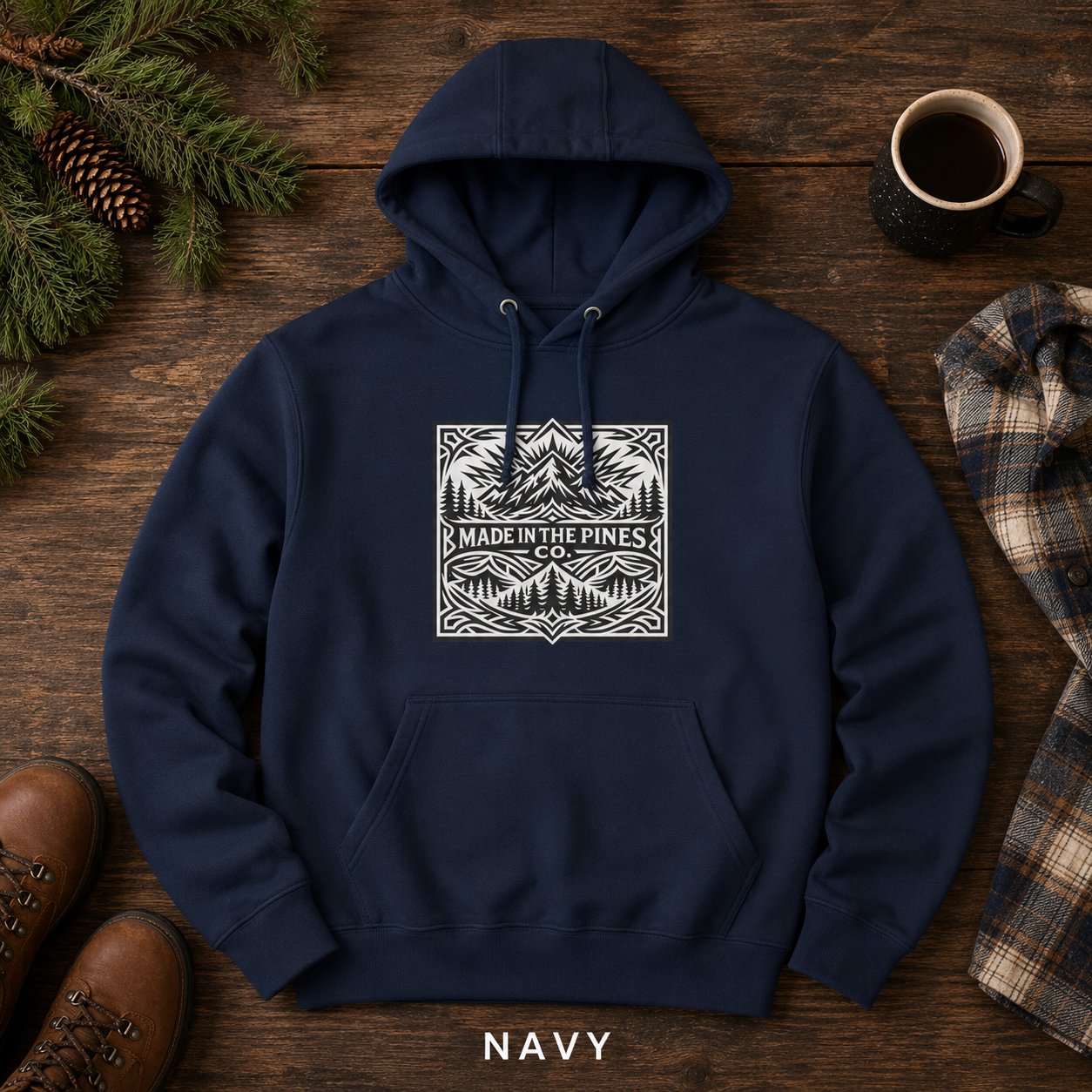 PNW Mountain Badge Hoodie — Three-Panel Fleece, Center Chest