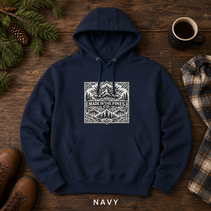 PNW Mountain Badge Hoodie — Three-Panel Fleece, Center Chest