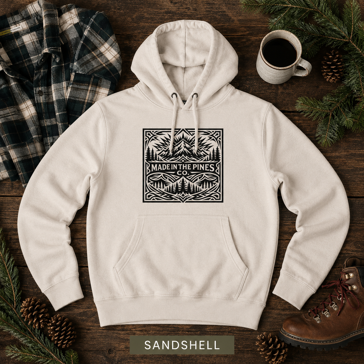 PNW Mountain Badge Hoodie — Three-Panel Fleece, Center Chest