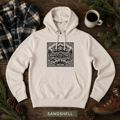 PNW Mountain Badge Hoodie — Three-Panel Fleece, Center Chest