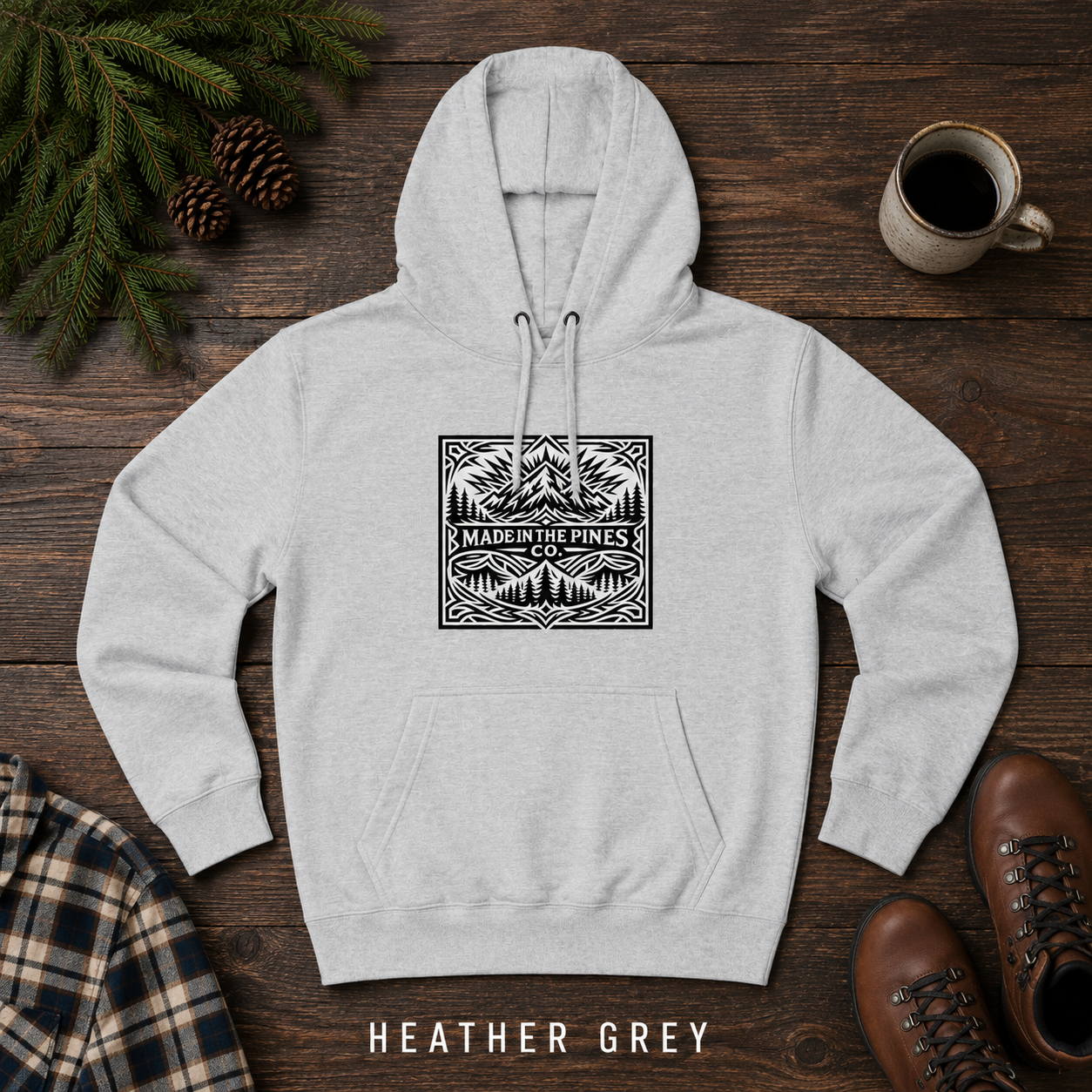 PNW Mountain Badge Hoodie — Three-Panel Fleece, Center Chest