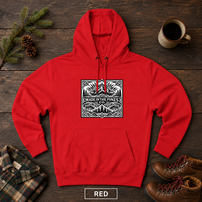 PNW Mountain Badge Hoodie — Three-Panel Fleece, Center Chest