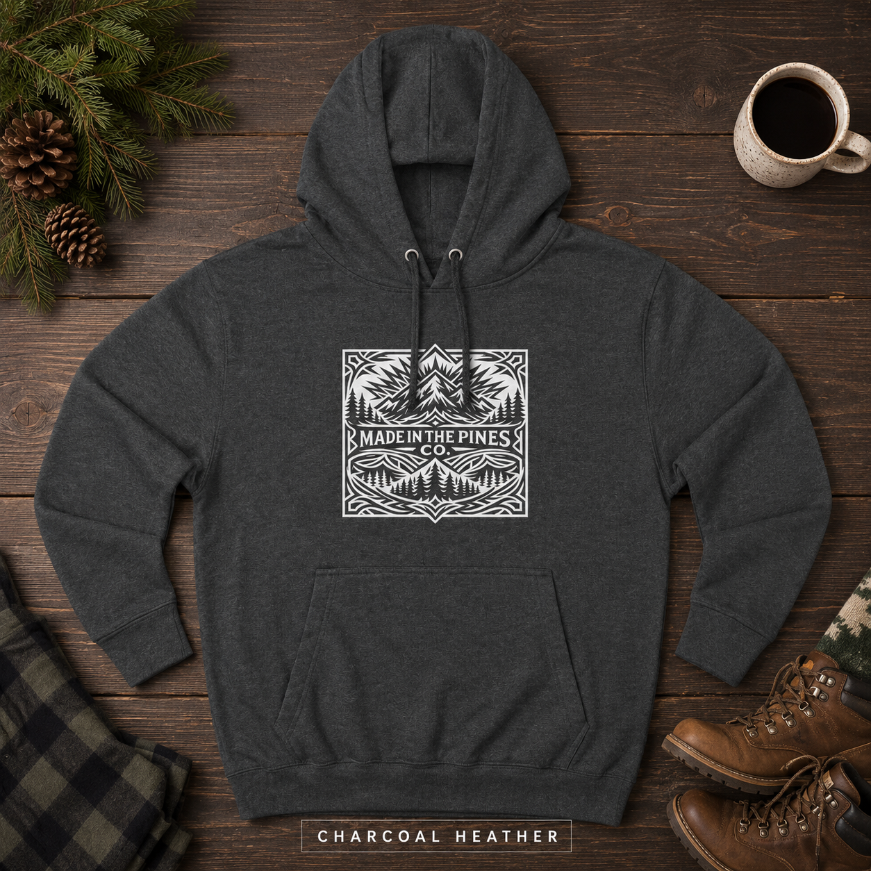 PNW Mountain Badge Hoodie — Three-Panel Fleece, Center Chest