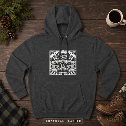 PNW Mountain Badge Hoodie — Three-Panel Fleece, Center Chest