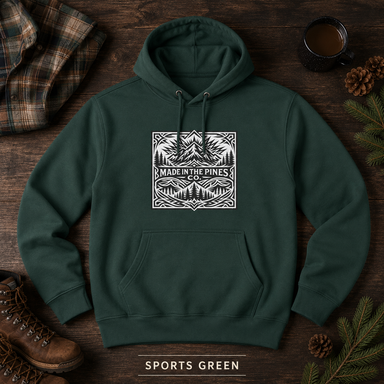 PNW Mountain Badge Hoodie — Three-Panel Fleece, Center Chest