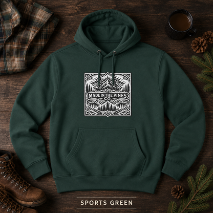 PNW Mountain Badge Hoodie — Three-Panel Fleece, Center Chest