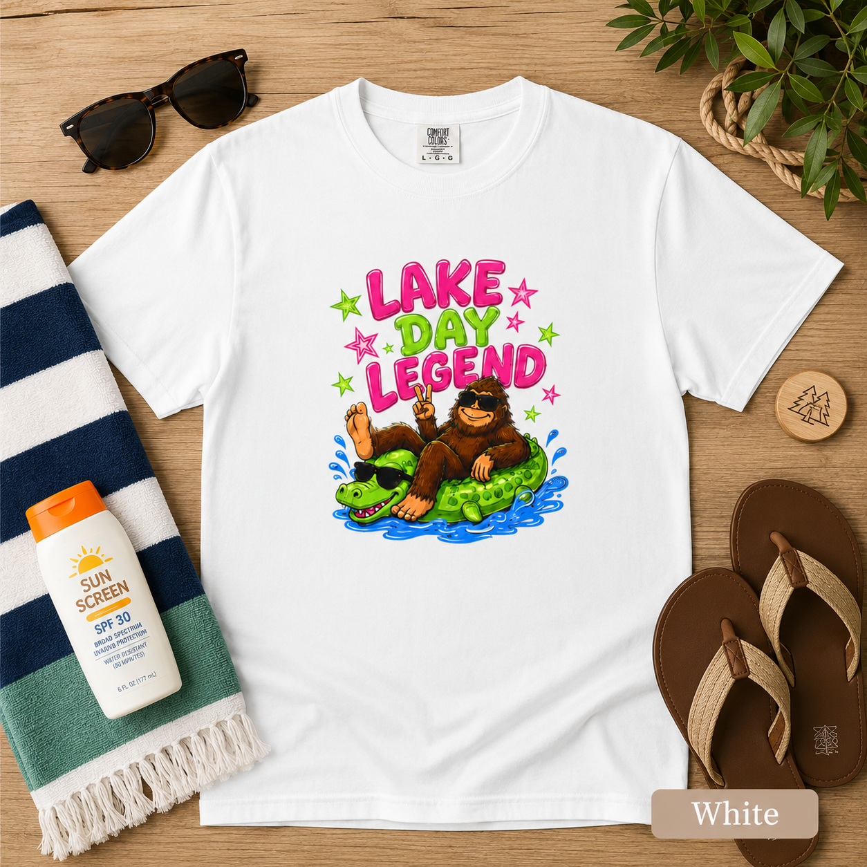 Lake Day Legend Bigfoot on Alligator Floatie T-Shirt